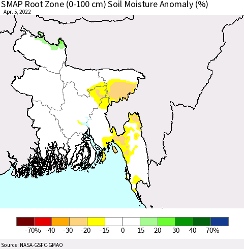 Bangladesh SMAP Root Zone (0-100 cm) Soil Moisture Anomaly (%) Thematic Map For 4/1/2022 - 4/5/2022