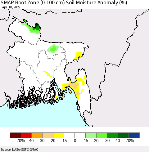 Bangladesh SMAP Root Zone (0-100 cm) Soil Moisture Anomaly (%) Thematic Map For 4/6/2022 - 4/10/2022