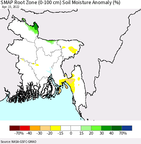 Bangladesh SMAP Root Zone (0-100 cm) Soil Moisture Anomaly (%) Thematic Map For 4/11/2022 - 4/15/2022