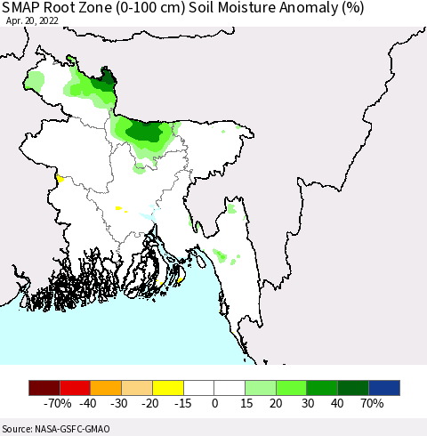 Bangladesh SMAP Root Zone (0-100 cm) Soil Moisture Anomaly (%) Thematic Map For 4/16/2022 - 4/20/2022