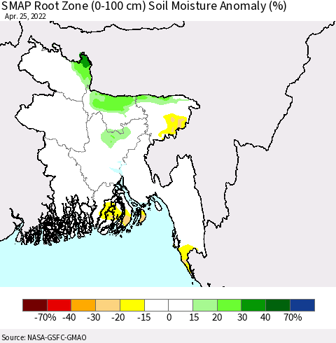 Bangladesh SMAP Root Zone (0-100 cm) Soil Moisture Anomaly (%) Thematic Map For 4/21/2022 - 4/25/2022