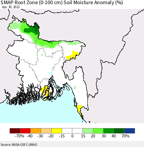 Bangladesh SMAP Root Zone (0-100 cm) Soil Moisture Anomaly (%) Thematic Map For 4/26/2022 - 4/30/2022