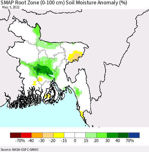 Bangladesh SMAP Root Zone (0-100 cm) Soil Moisture Anomaly (%) Thematic Map For 5/1/2022 - 5/5/2022
