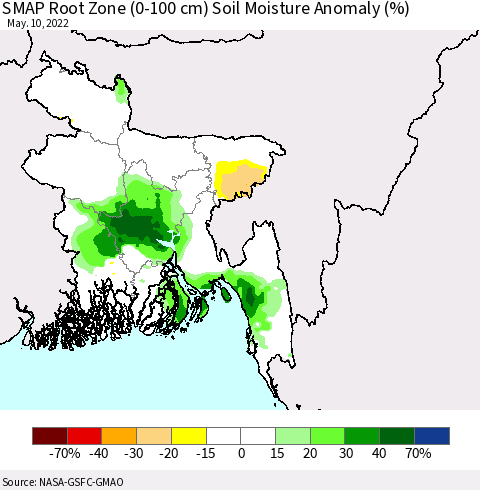 Bangladesh SMAP Root Zone (0-100 cm) Soil Moisture Anomaly (%) Thematic Map For 5/6/2022 - 5/10/2022