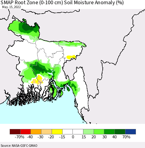 Bangladesh SMAP Root Zone (0-100 cm) Soil Moisture Anomaly (%) Thematic Map For 5/11/2022 - 5/15/2022