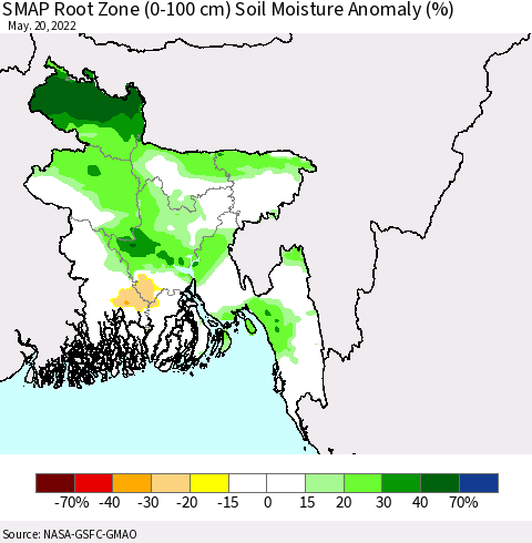 Bangladesh SMAP Root Zone (0-100 cm) Soil Moisture Anomaly (%) Thematic Map For 5/16/2022 - 5/20/2022