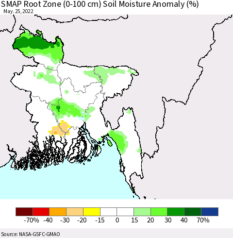 Bangladesh SMAP Root Zone (0-100 cm) Soil Moisture Anomaly (%) Thematic Map For 5/21/2022 - 5/25/2022