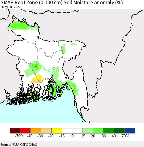Bangladesh SMAP Root Zone (0-100 cm) Soil Moisture Anomaly (%) Thematic Map For 5/26/2022 - 5/31/2022