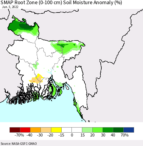 Bangladesh SMAP Root Zone (0-100 cm) Soil Moisture Anomaly (%) Thematic Map For 6/1/2022 - 6/5/2022