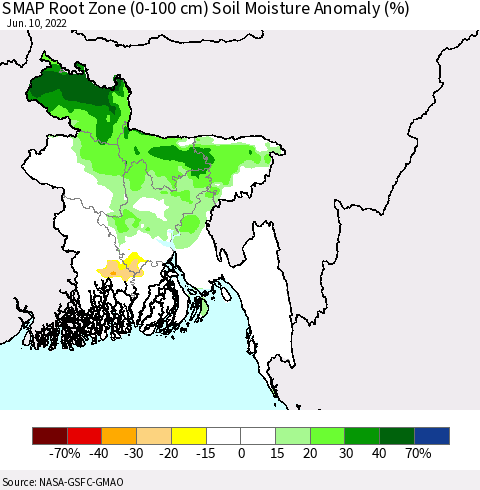 Bangladesh SMAP Root Zone (0-100 cm) Soil Moisture Anomaly (%) Thematic Map For 6/6/2022 - 6/10/2022