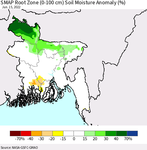 Bangladesh SMAP Root Zone (0-100 cm) Soil Moisture Anomaly (%) Thematic Map For 6/11/2022 - 6/15/2022