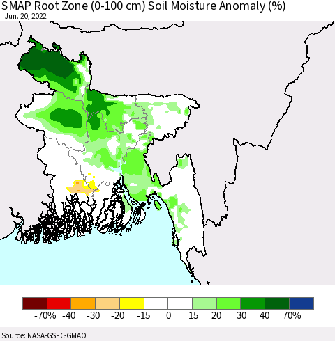 Bangladesh SMAP Root Zone (0-100 cm) Soil Moisture Anomaly (%) Thematic Map For 6/16/2022 - 6/20/2022