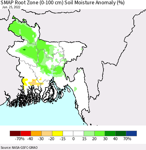 Bangladesh SMAP Root Zone (0-100 cm) Soil Moisture Anomaly (%) Thematic Map For 6/21/2022 - 6/25/2022