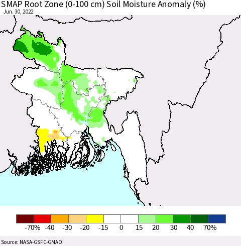 Bangladesh SMAP Root Zone (0-100 cm) Soil Moisture Anomaly (%) Thematic Map For 6/26/2022 - 6/30/2022