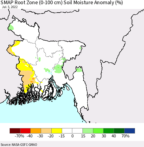Bangladesh SMAP Root Zone (0-100 cm) Soil Moisture Anomaly (%) Thematic Map For 7/1/2022 - 7/5/2022