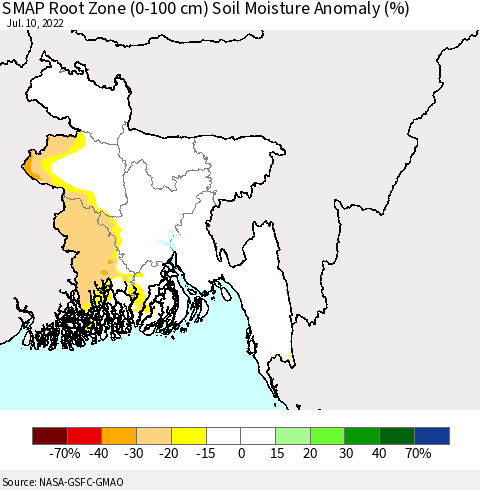 Bangladesh SMAP Root Zone (0-100 cm) Soil Moisture Anomaly (%) Thematic Map For 7/6/2022 - 7/10/2022