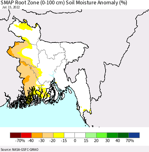 Bangladesh SMAP Root Zone (0-100 cm) Soil Moisture Anomaly (%) Thematic Map For 7/11/2022 - 7/15/2022