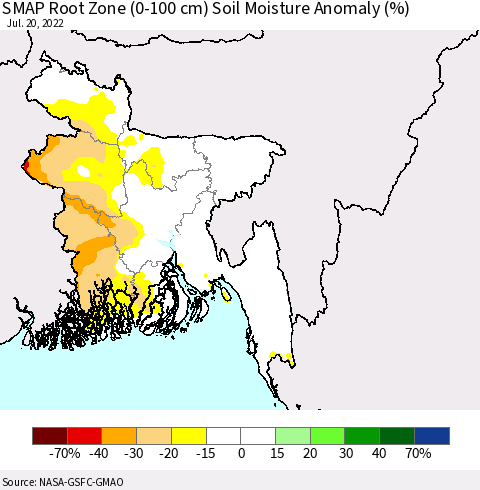 Bangladesh SMAP Root Zone (0-100 cm) Soil Moisture Anomaly (%) Thematic Map For 7/16/2022 - 7/20/2022