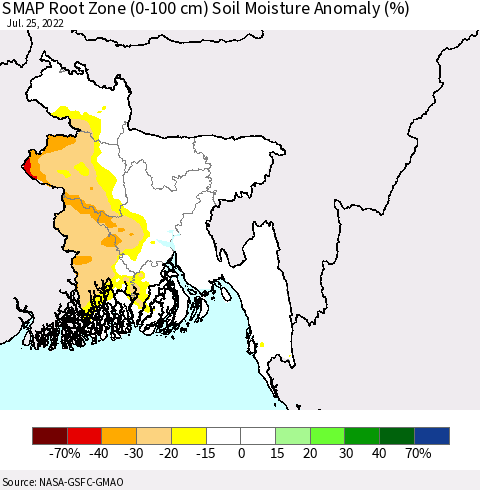 Bangladesh SMAP Root Zone (0-100 cm) Soil Moisture Anomaly (%) Thematic Map For 7/21/2022 - 7/25/2022