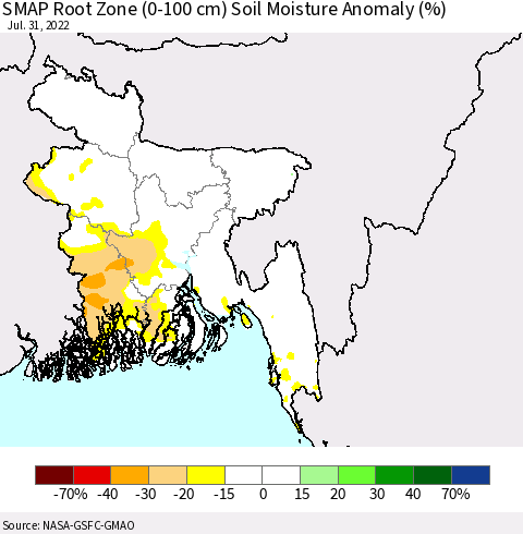 Bangladesh SMAP Root Zone (0-100 cm) Soil Moisture Anomaly (%) Thematic Map For 7/26/2022 - 7/31/2022
