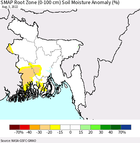 Bangladesh SMAP Root Zone (0-100 cm) Soil Moisture Anomaly (%) Thematic Map For 8/1/2022 - 8/5/2022