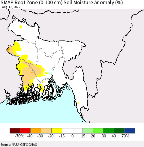 Bangladesh SMAP Root Zone (0-100 cm) Soil Moisture Anomaly (%) Thematic Map For 8/11/2022 - 8/15/2022