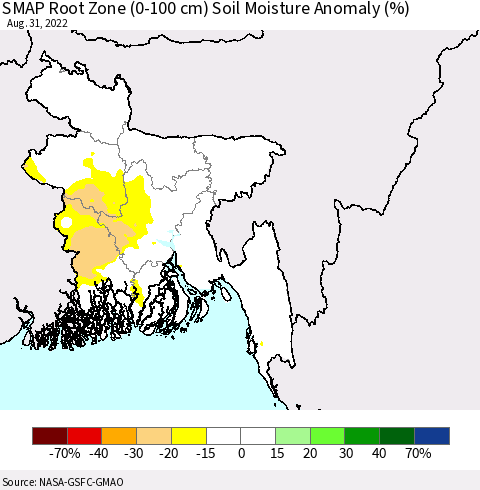 Bangladesh SMAP Root Zone (0-100 cm) Soil Moisture Anomaly (%) Thematic Map For 8/26/2022 - 8/31/2022