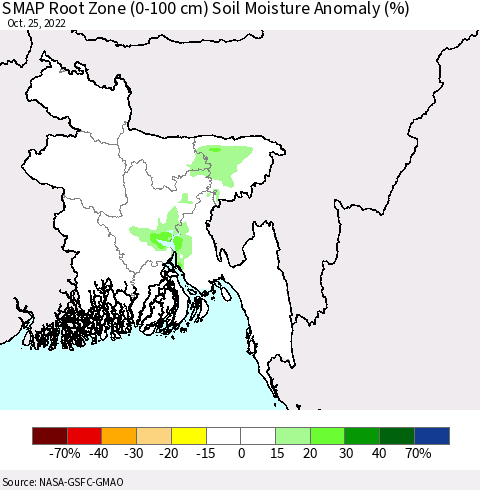 Bangladesh SMAP Root Zone (0-100 cm) Soil Moisture Anomaly (%) Thematic Map For 10/21/2022 - 10/25/2022