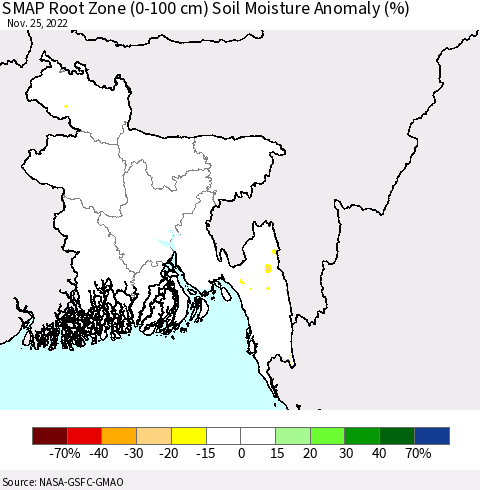 Bangladesh SMAP Root Zone (0-100 cm) Soil Moisture Anomaly (%) Thematic Map For 11/21/2022 - 11/25/2022