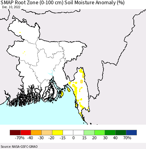 Bangladesh SMAP Root Zone (0-100 cm) Soil Moisture Anomaly (%) Thematic Map For 12/6/2022 - 12/10/2022