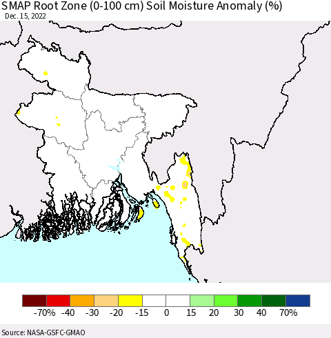 Bangladesh SMAP Root Zone (0-100 cm) Soil Moisture Anomaly (%) Thematic Map For 12/11/2022 - 12/15/2022
