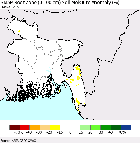 Bangladesh SMAP Root Zone (0-100 cm) Soil Moisture Anomaly (%) Thematic Map For 12/26/2022 - 12/31/2022