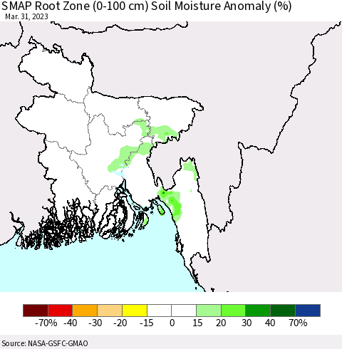 Bangladesh SMAP Root Zone (0-100 cm) Soil Moisture Anomaly (%) Thematic Map For 3/26/2023 - 3/31/2023