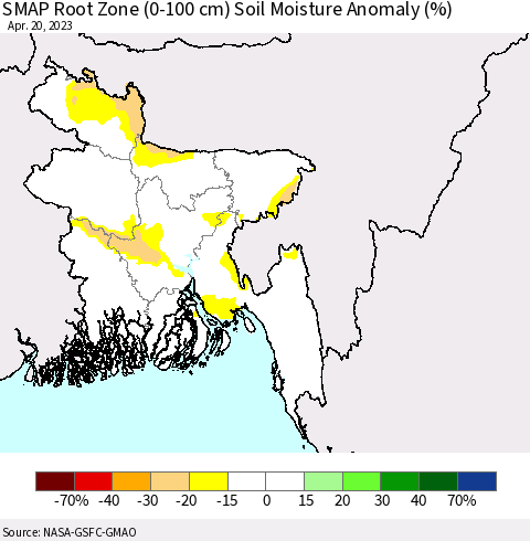 Bangladesh SMAP Root Zone (0-100 cm) Soil Moisture Anomaly (%) Thematic Map For 4/16/2023 - 4/20/2023