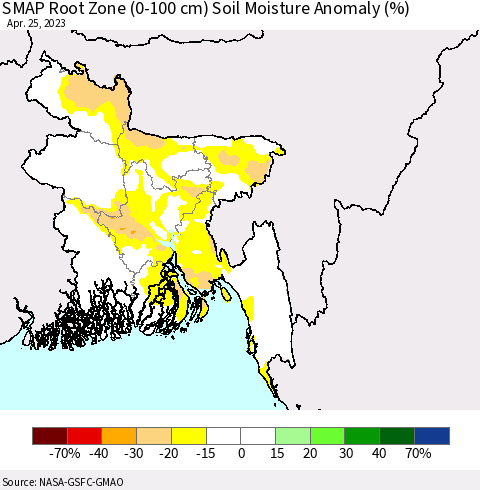 Bangladesh SMAP Root Zone (0-100 cm) Soil Moisture Anomaly (%) Thematic Map For 4/21/2023 - 4/25/2023