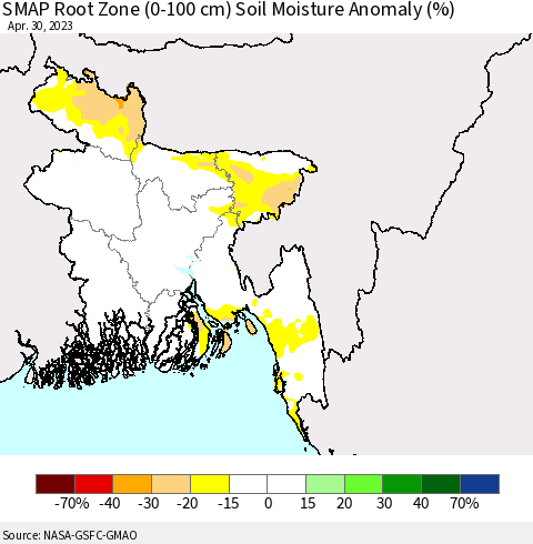 Bangladesh SMAP Root Zone (0-100 cm) Soil Moisture Anomaly (%) Thematic Map For 4/26/2023 - 4/30/2023