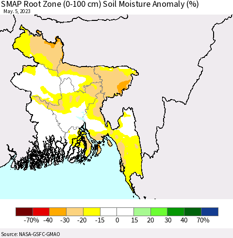 Bangladesh SMAP Root Zone (0-100 cm) Soil Moisture Anomaly (%) Thematic Map For 5/1/2023 - 5/5/2023