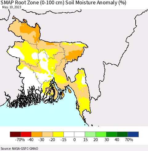 Bangladesh SMAP Root Zone (0-100 cm) Soil Moisture Anomaly (%) Thematic Map For 5/6/2023 - 5/10/2023