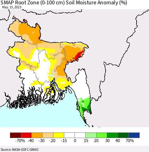 Bangladesh SMAP Root Zone (0-100 cm) Soil Moisture Anomaly (%) Thematic Map For 5/11/2023 - 5/15/2023