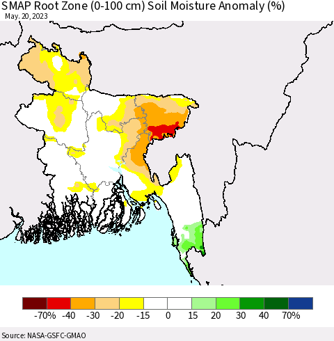 Bangladesh SMAP Root Zone (0-100 cm) Soil Moisture Anomaly (%) Thematic Map For 5/16/2023 - 5/20/2023