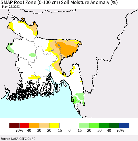 Bangladesh SMAP Root Zone (0-100 cm) Soil Moisture Anomaly (%) Thematic Map For 5/21/2023 - 5/25/2023