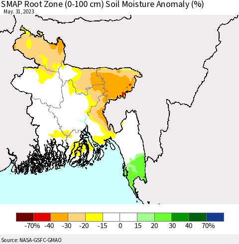 Bangladesh SMAP Root Zone (0-100 cm) Soil Moisture Anomaly (%) Thematic Map For 5/26/2023 - 5/31/2023