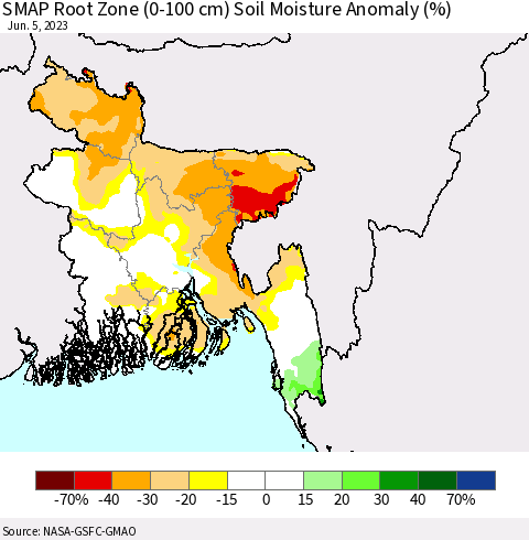 Bangladesh SMAP Root Zone (0-100 cm) Soil Moisture Anomaly (%) Thematic Map For 6/1/2023 - 6/5/2023