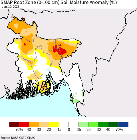 Bangladesh SMAP Root Zone (0-100 cm) Soil Moisture Anomaly (%) Thematic Map For 6/6/2023 - 6/10/2023