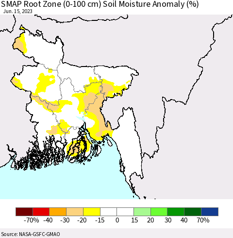 Bangladesh SMAP Root Zone (0-100 cm) Soil Moisture Anomaly (%) Thematic Map For 6/11/2023 - 6/15/2023