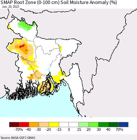 Bangladesh SMAP Root Zone (0-100 cm) Soil Moisture Anomaly (%) Thematic Map For 6/16/2023 - 6/20/2023