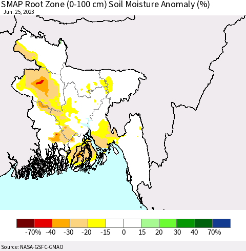 Bangladesh SMAP Root Zone (0-100 cm) Soil Moisture Anomaly (%) Thematic Map For 6/21/2023 - 6/25/2023