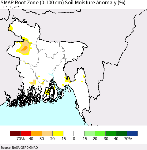 Bangladesh SMAP Root Zone (0-100 cm) Soil Moisture Anomaly (%) Thematic Map For 6/26/2023 - 6/30/2023