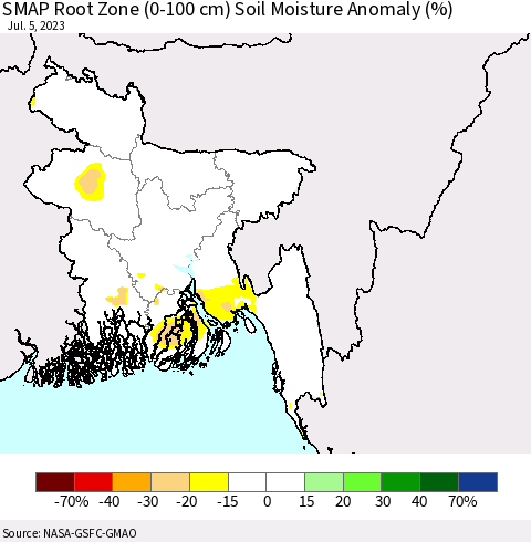 Bangladesh SMAP Root Zone (0-100 cm) Soil Moisture Anomaly (%) Thematic Map For 7/1/2023 - 7/5/2023