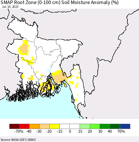 Bangladesh SMAP Root Zone (0-100 cm) Soil Moisture Anomaly (%) Thematic Map For 7/6/2023 - 7/10/2023